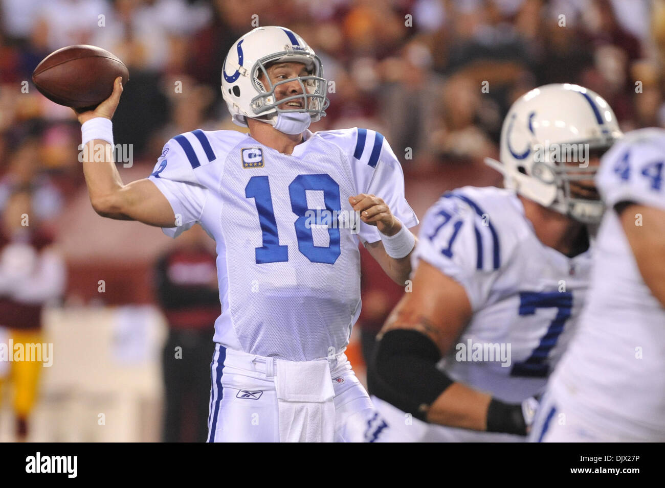Oct. 17, 2010 - Landover, Maryland, United States of America - Indianapolis Colts quarterback Peyton Manning (18) looking for an opening, week 6 FedEx Field NFL game action, final score; Colts 27 Redskins 24 (Credit Image: © Roland Pintilie/Southcreek Global/ZUMApress.com) Stock Photo
