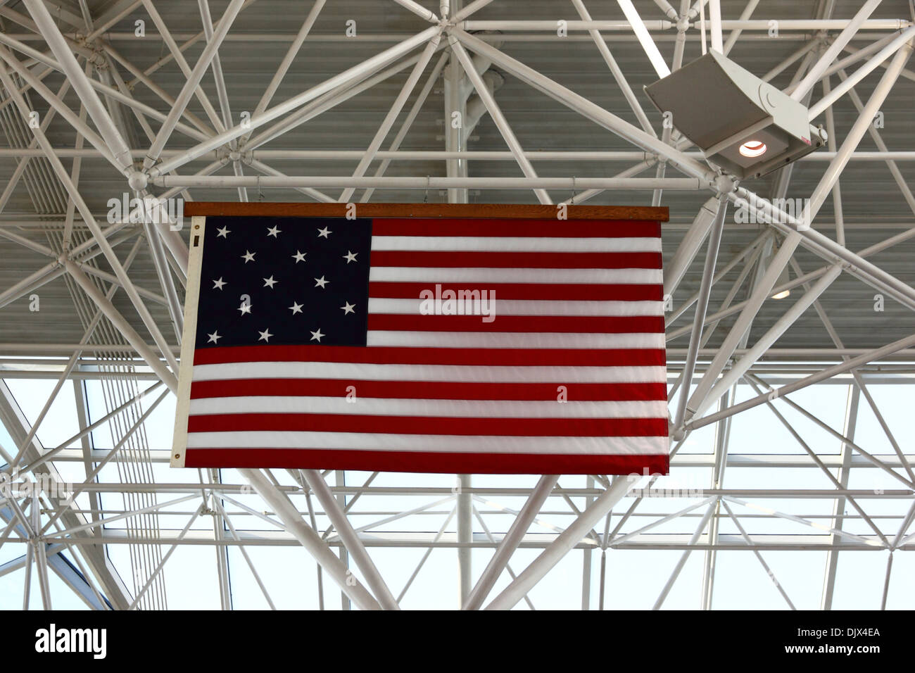 American flag with 15 stars and stripes (the Star Spangled Banner flag) hanging in Baltimore–Washington Airport, Maryland, USA Stock Photo