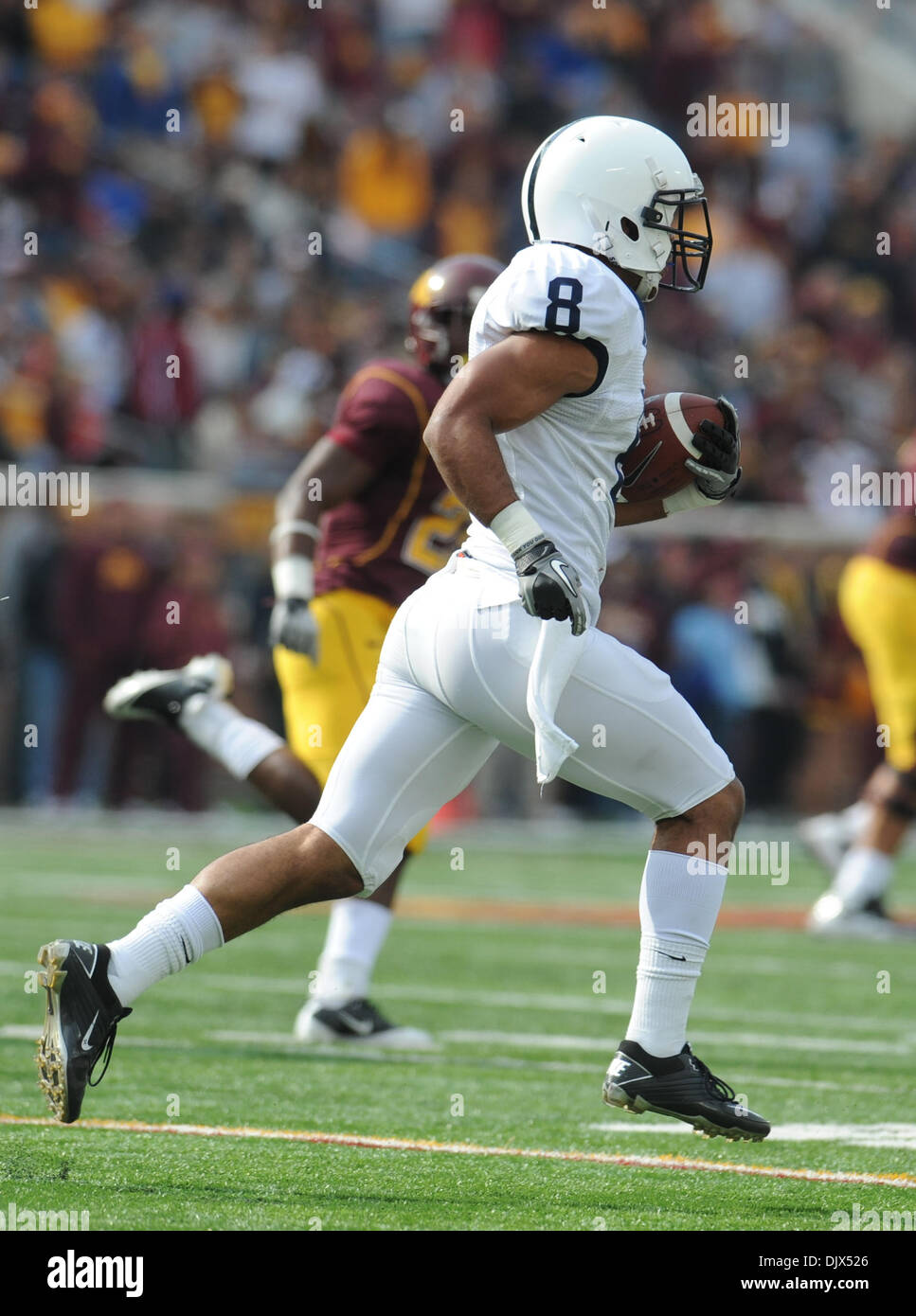 Oct. 23, 2010 - Minneapolis, Minnesota, United States of America -  Penn State University wide receiver Brandon Moseby-Felder (#8) intercepts a pass returning it for 54 yards in the second quarter of the game between the Minnesota Gophers and the Penn State Nittany Lions at the TCF Stadium in Minneapolis, Minnesota.  Penn State leads Minnesota 21-7 at halftime. (Credit Image: © Mar Stock Photo