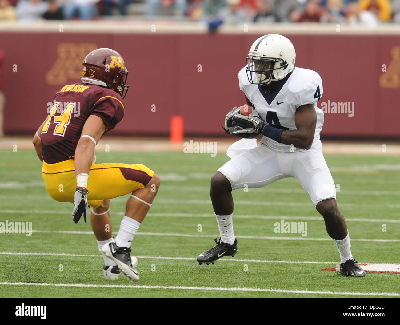 Oct. 23, 2010 - Minneapolis, Minnesota, United States of America - Penn State University wide receiver Shawney Kersey (#4) makes the catch for a 3 yard gain in the fourth quarter of the game between the Minnesota Gophers and the Penn State Nittany Lions at the TCF Stadium in Minneapolis, Minnesota.  Penn State defeats  Minnesota 33-21. (Credit Image: © Marilyn Indahl/Southcreek Glo Stock Photo