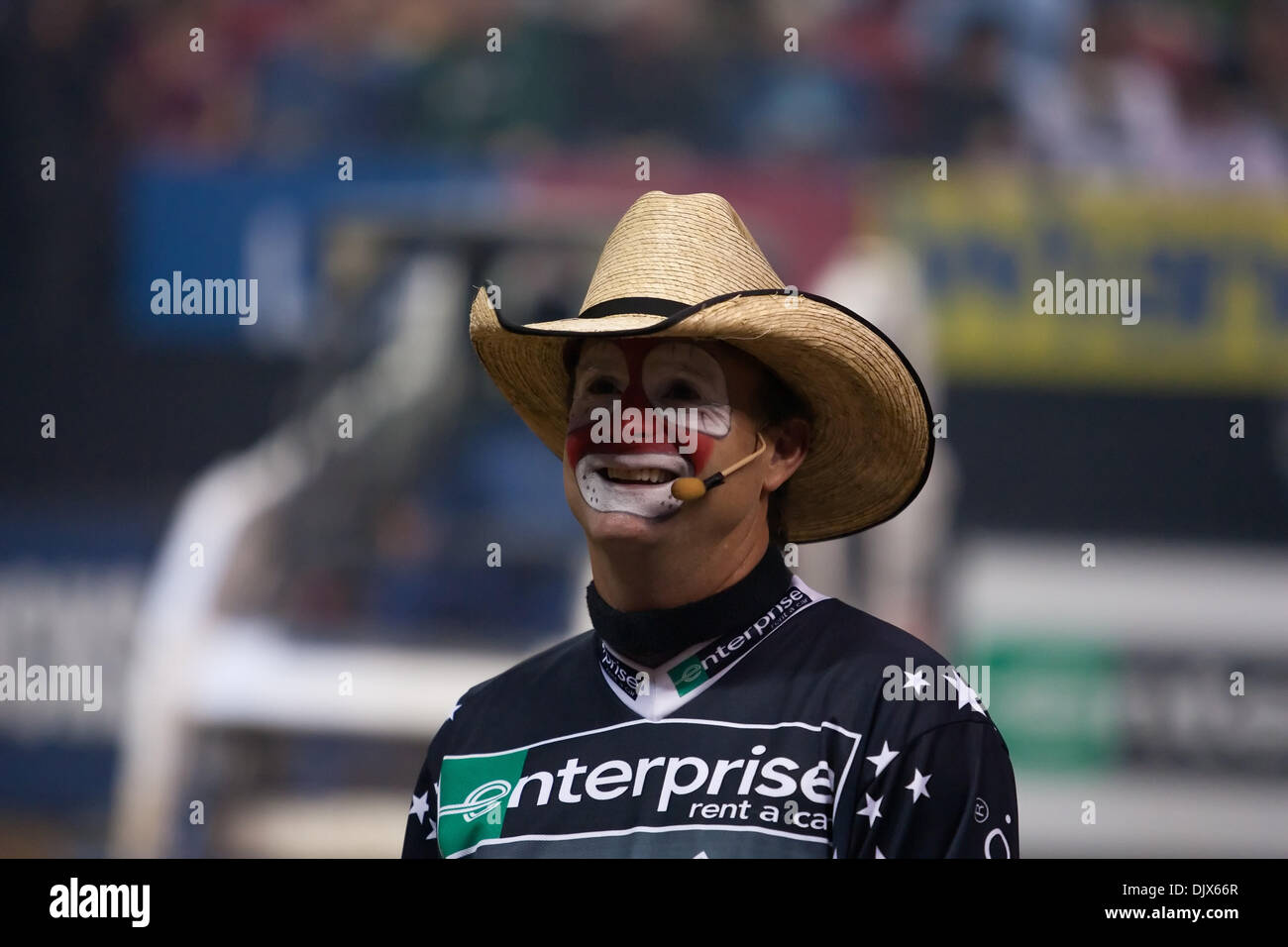Oct. 24, 2010 - Las Vegas, Nevada, United States of America - Famous clown bull fighter, Flint Rasmussen, shows off his big smile for the crowd during the 5th round of competition at the 2010 Built Ford Tough PBR World Finals at the Thomas & Mack Center in Las Vegas, Nevada. (Credit Image: © Matt Gdowski/Southcreek Global/ZUMApress.com) Stock Photo