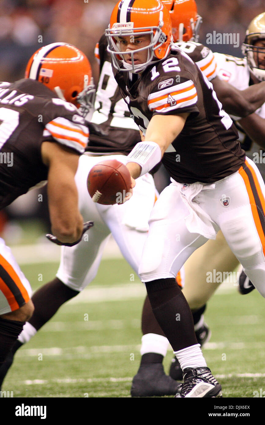 Cleveland Browns quarterback Colt McCoy (12) walks off the field after  their NFL football game against the New Orleans Saints, Sunday, Oct. 24,  2010, at the Louisiana Superdome in New Orleans. It