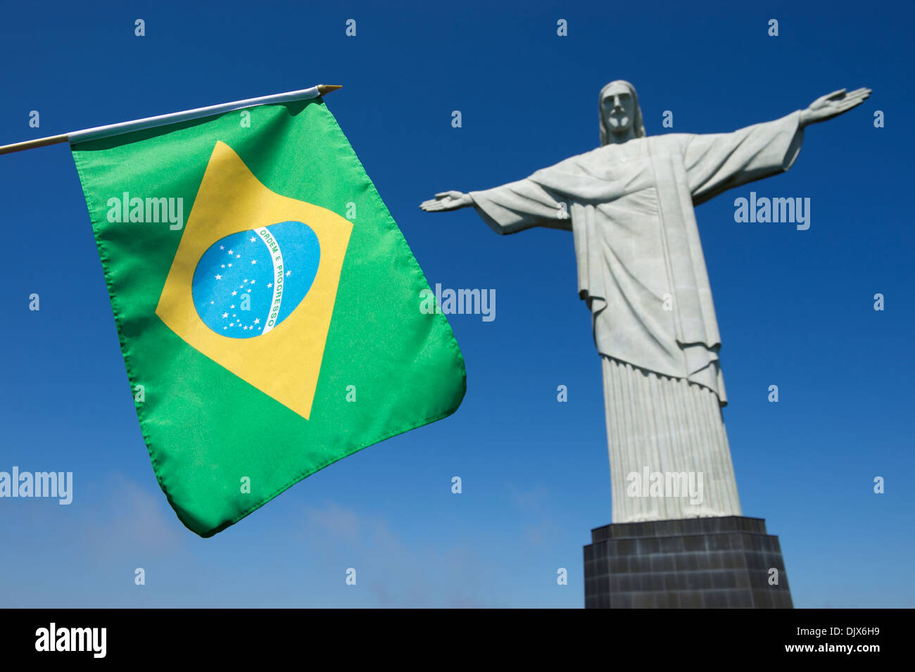 Brazilian flag hanging at Corcovado Christ the Redeemer Rio de Janeiro Brazil Stock Photo