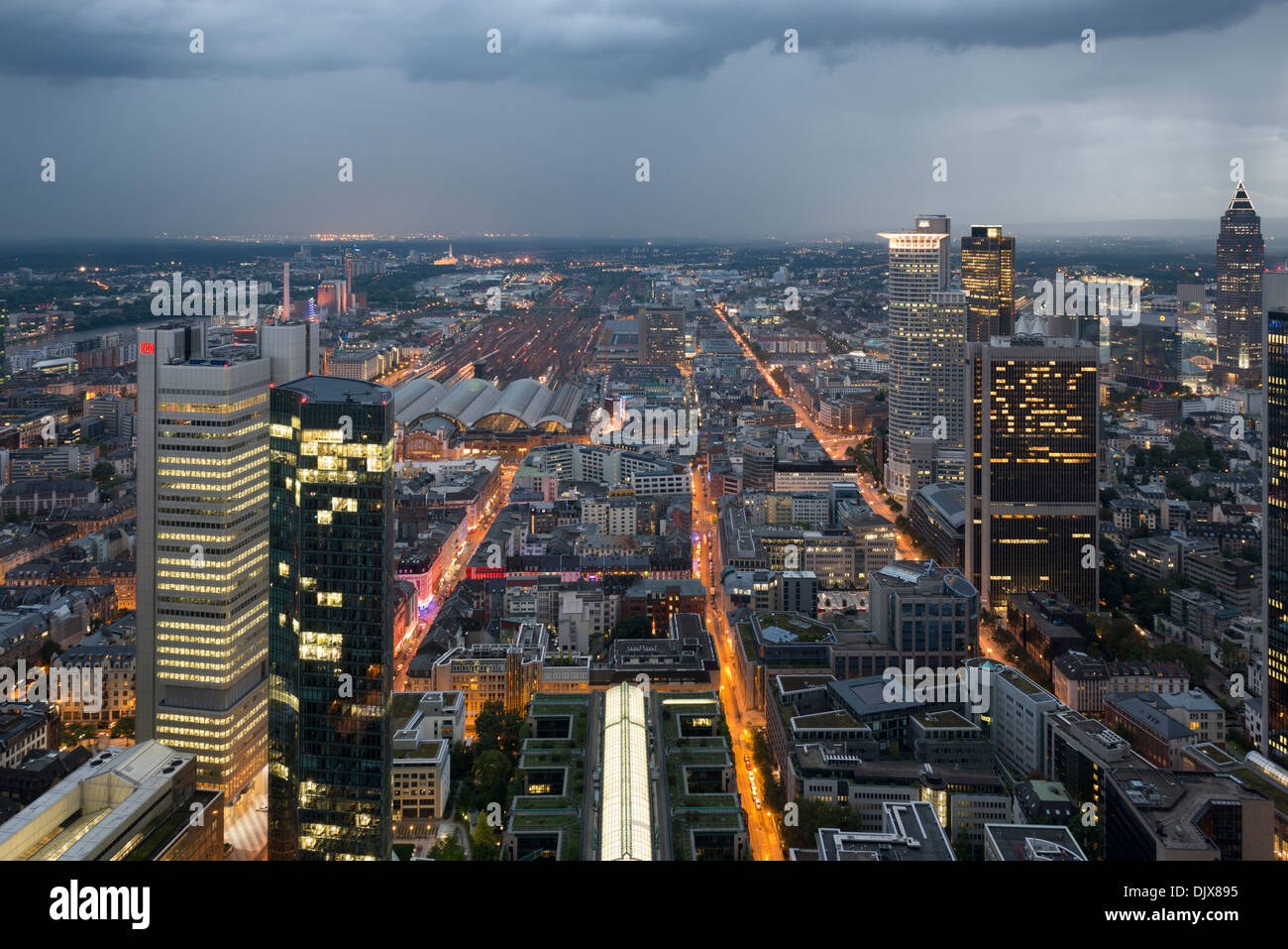 A view of Frankfurt am Main's financial district from the top of a skyscraper. Frankfurt am Main, Germany. Stock Photo
