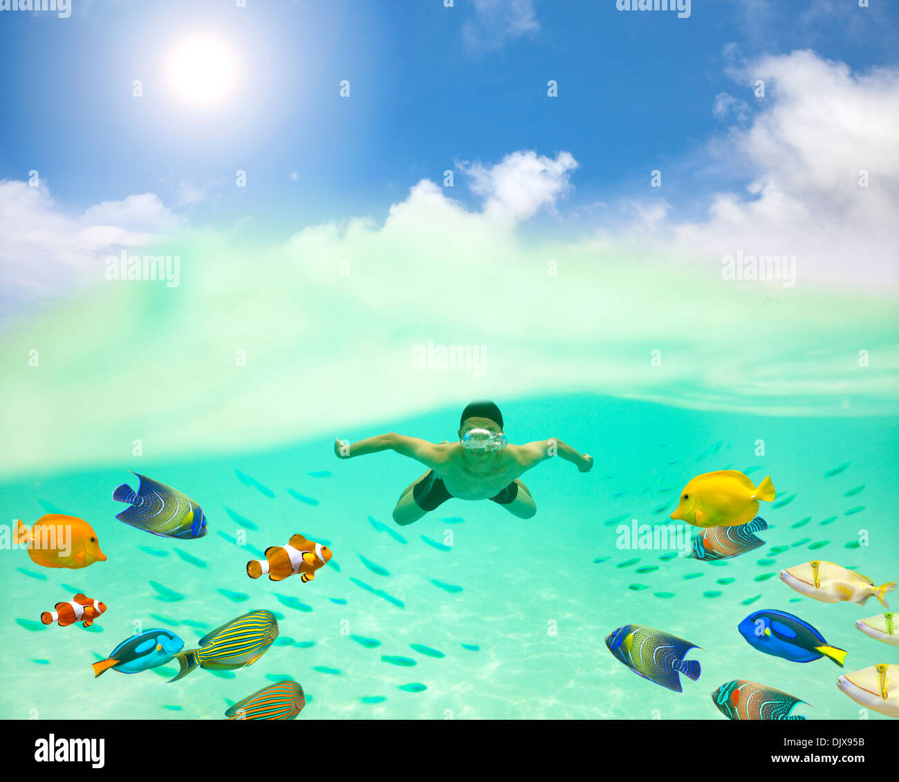 happy young man swimming undersea with colorful fishes and bubble Stock Photo