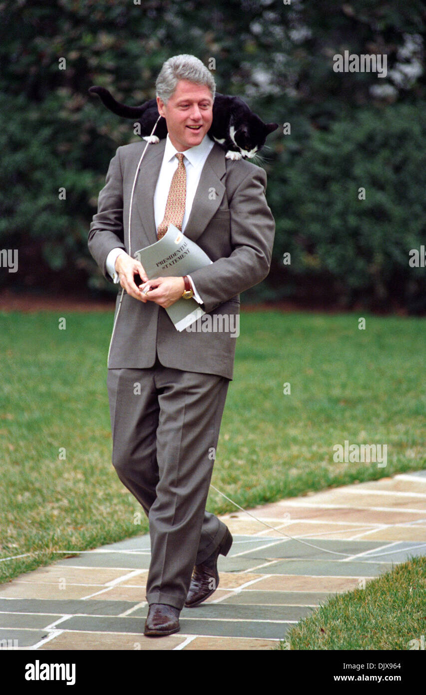 US President Bill Clinton walks with his cat Socks on his shoulder on the South Lawn of the White House March 7, 1995 in Washington, DC. Stock Photo
