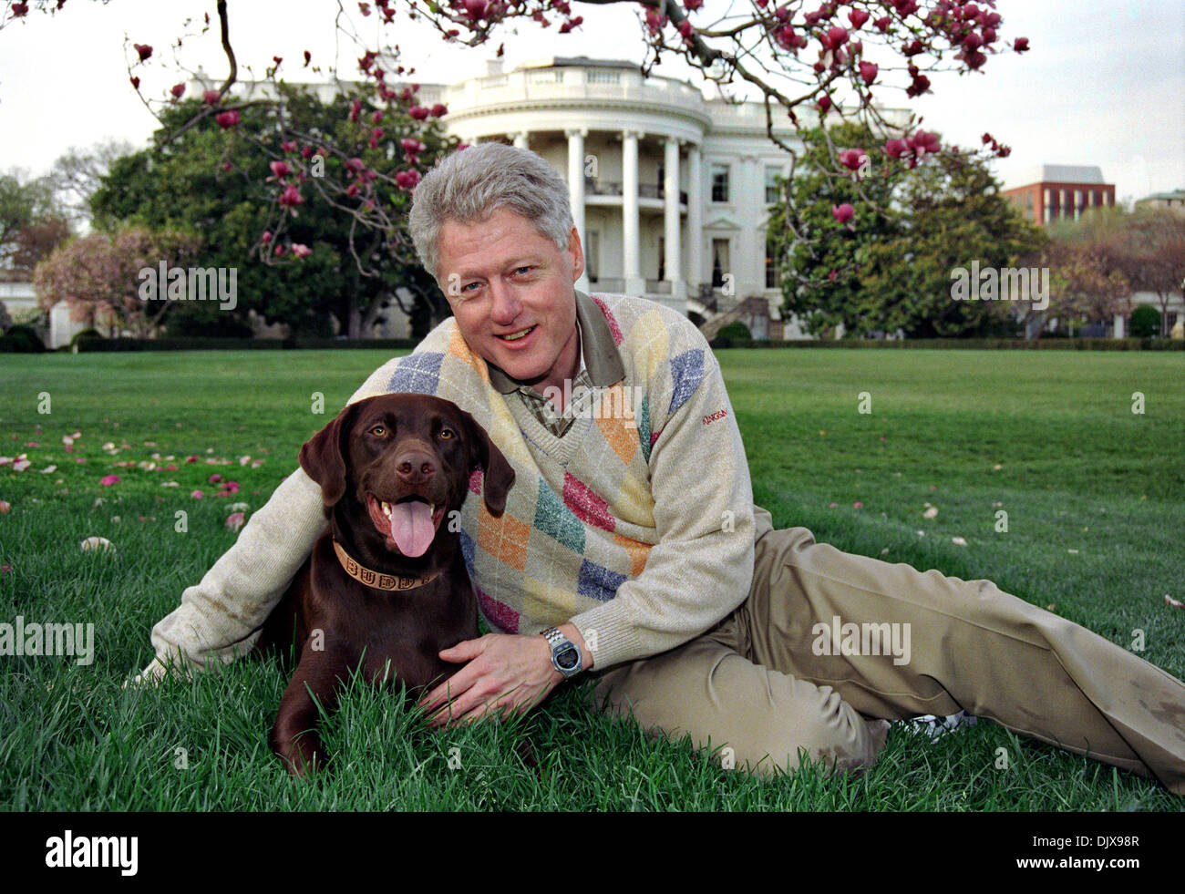 US President Bill Clinton poses with his dog Buddy on the South Lawn of the White House April 6, 1999 in Washington, DC. Stock Photo