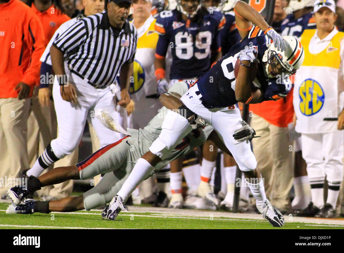 Oct. 31, 2010 - Oxford, Mississippi, United States of America - Auburn WR Emory Blake (80) gets tackled along the sidelines during Auburn's 51-31victory over Ole Miss in Oxford, MS. (Credit Image: © Hays Collins/Southcreek Global/ZUMApress.com) Stock Photo