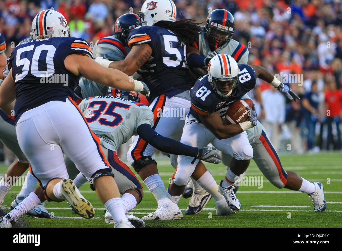 Oct. 31, 2010 - Oxford, Mississippi, United States of America - Auburn WR Terrell Zachery (81) makes a move on Ole Miss CB Fon Ingram (35) during Auburn's 51-31victory over Ole Miss in Oxford, MS. (Credit Image: © Hays Collins/Southcreek Global/ZUMApress.com) Stock Photo