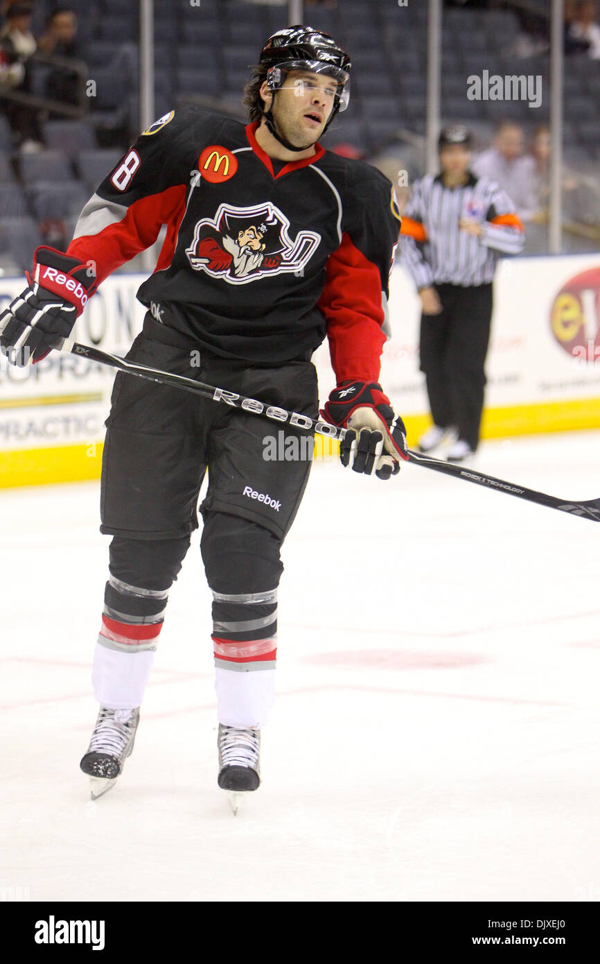 Nov. 2, 2010 - Charlotte, North Carolina, United States of America - Portland Pirates'  Dennis McCauley #28. Portland wins in a shootout 4-3 over the Checkers. (Credit Image: © Jim Dedmon/Southcreek Global/ZUMApress.com) Stock Photo