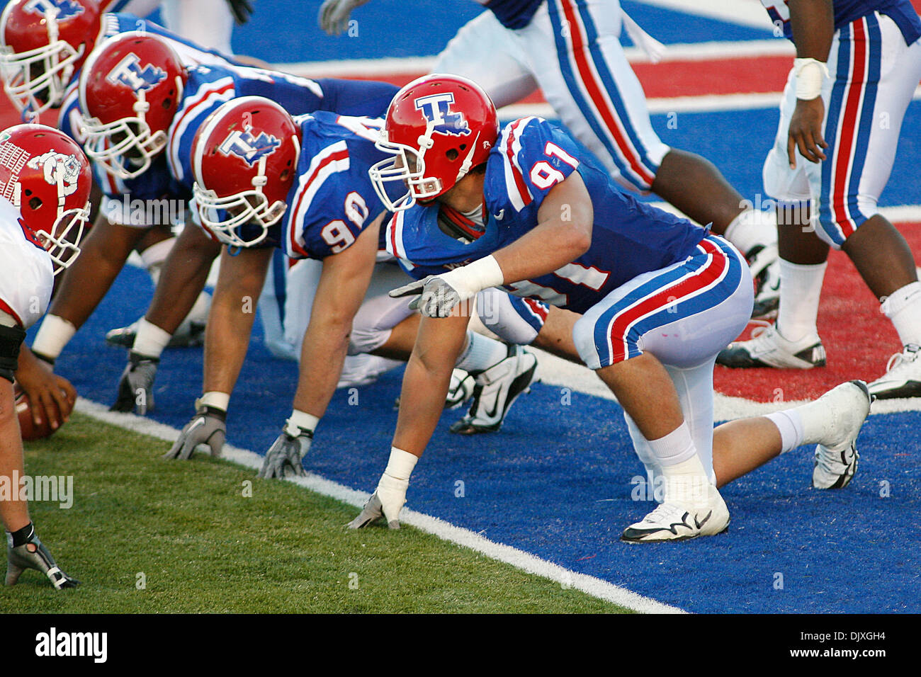 Oct 9, 2010: The Louisiana Tech defense including Louisiana Tech Bulldogs defensive end Matt Broha (91) and Louisiana Tech Bulldogs defensive tackle Mason Hitt (90) line up for a goal line stance during game action between the Fresno State Bulldogs and the Louisiana Tech Bulldogs at Joe Aillet Stadium in Ruston, Louisiana. Fresno State won 40-34. (Credit Image: © Donald Page/Southc Stock Photo