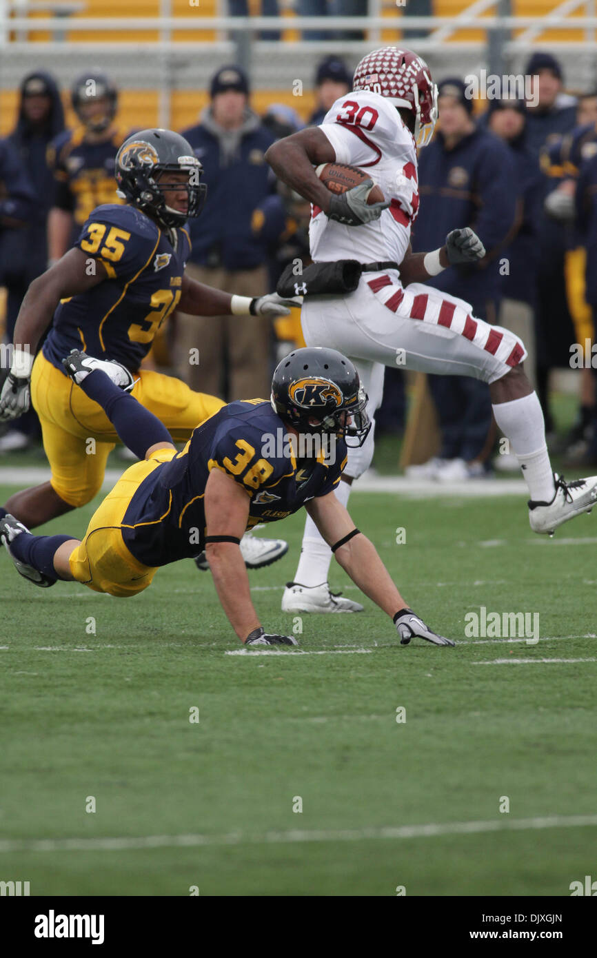 Nov. 6, 2010 - Kent, Ohio, United States of America - November 6, 2010 - Kent, Ohio - Temple Owls running back Bernard Pierce (#30) runs past a tackle by Kent State Golden Flashes safety Dan Hartman (#38) in the second half during a game between The Kent State Golden Flashes and The Temple Owls at Dix Stadium.  Temple beat Kent State 28-10. (Credit Image: © Bryan Rinnert/Southcreek Stock Photo