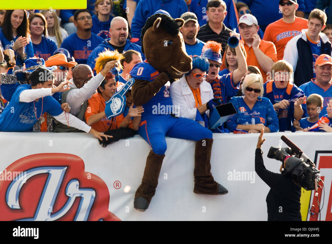 Nov. 6, 2010 - Boise, Idaho, United States of America - Boise State mascot Buster Bronco poses for the cameras with the fans in the South end zone during second half action as #2 Boise State defeated Hawaii 42-7  in Bronco Stadium. (Credit Image: © Stanley Brewster/Southcreek Global/ZUMApress.com) Stock Photo
