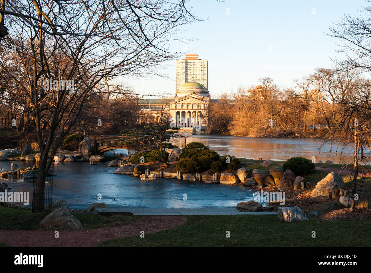 View of Osaka Garden in Jackson Park with the Museum of Science and Industry in the background. Stock Photo