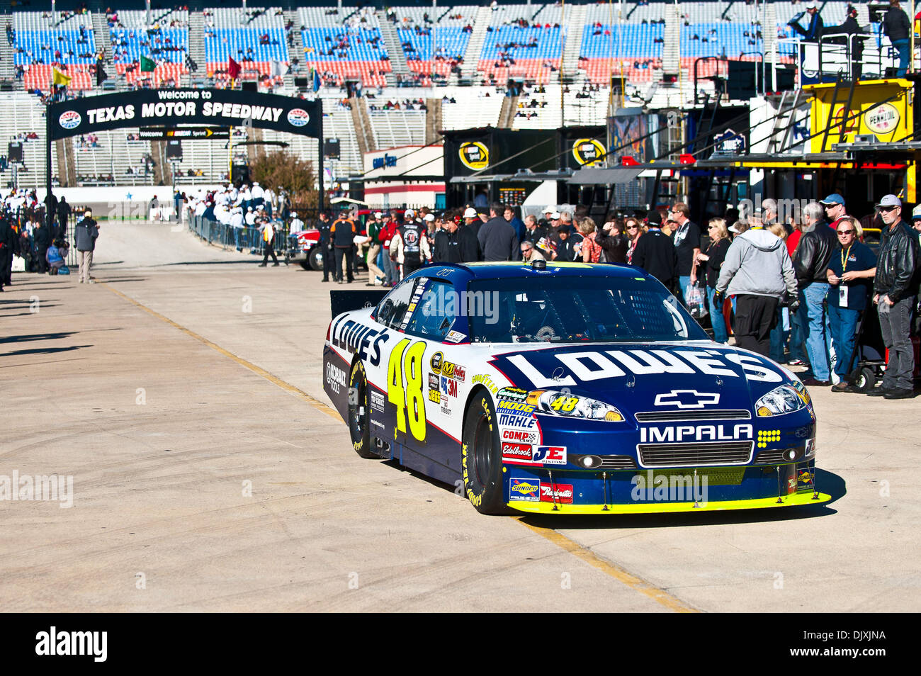 Nov. 6, 2010 - Fort Worth, Texas, United States of America - Sprint Cup Series driver Jimmie Johnson (48) heads into the TMS Garage before the AAA Texas 500 NASCAR Sprint Cup Series Race held in Fort Worth, Texas at the Texas Motor Speedway. (Credit Image: © Jerome Miron/Southcreek Global/ZUMApress.com) Stock Photo