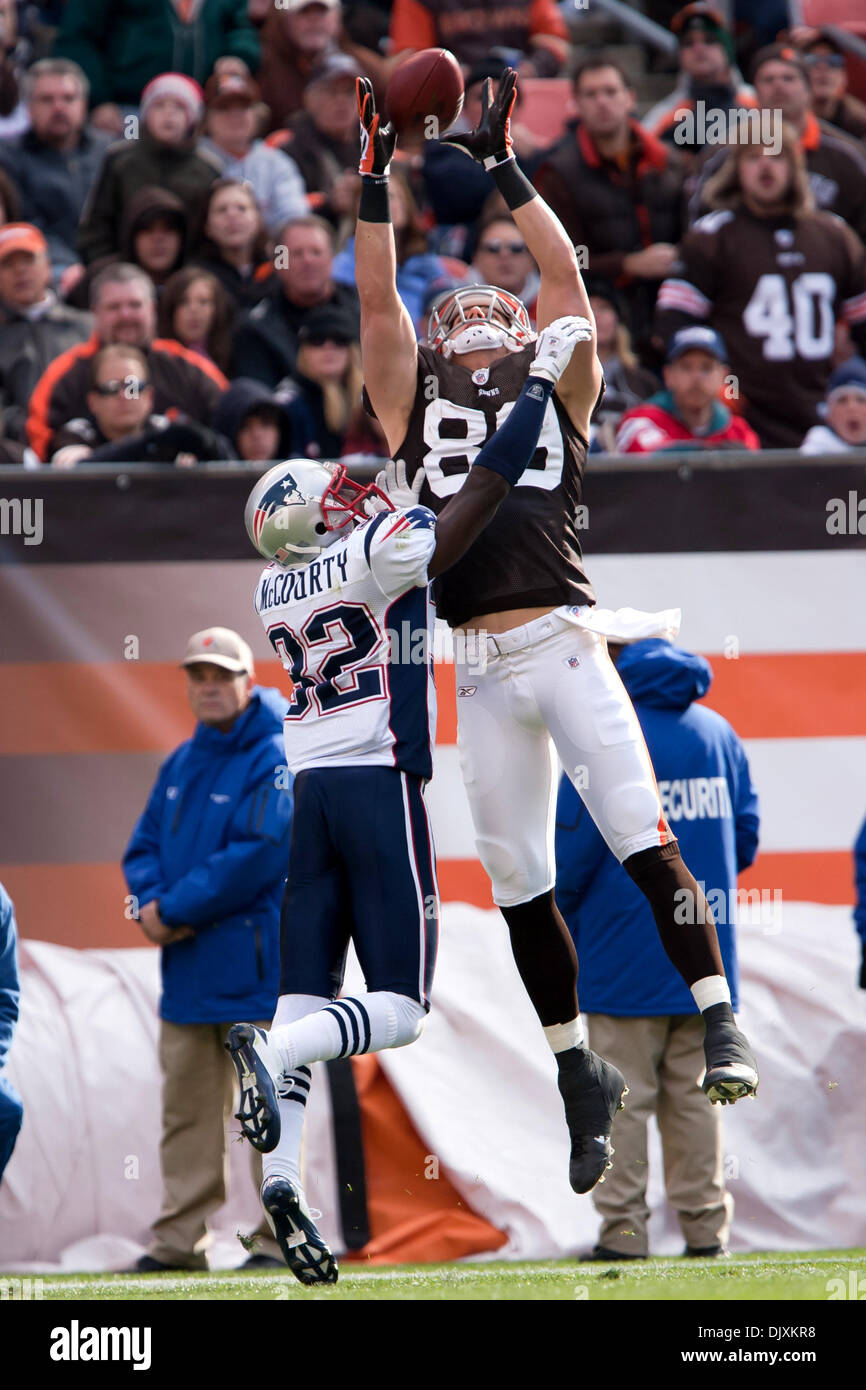 Nov. 7, 2010 - Cleveland, Ohio, United States of America - Cleveland Browns tight end Evan Moore (89) goes high over New England Patriots cornerback Devin McCourty (32) to make a catch during the game against the New England Patriots.  The Cleveland Browns upset the New England Patriots 34-14 in the game played at Cleveland Browns Stadium in Cleveland Ohio. (Credit Image: © Frank J Stock Photo