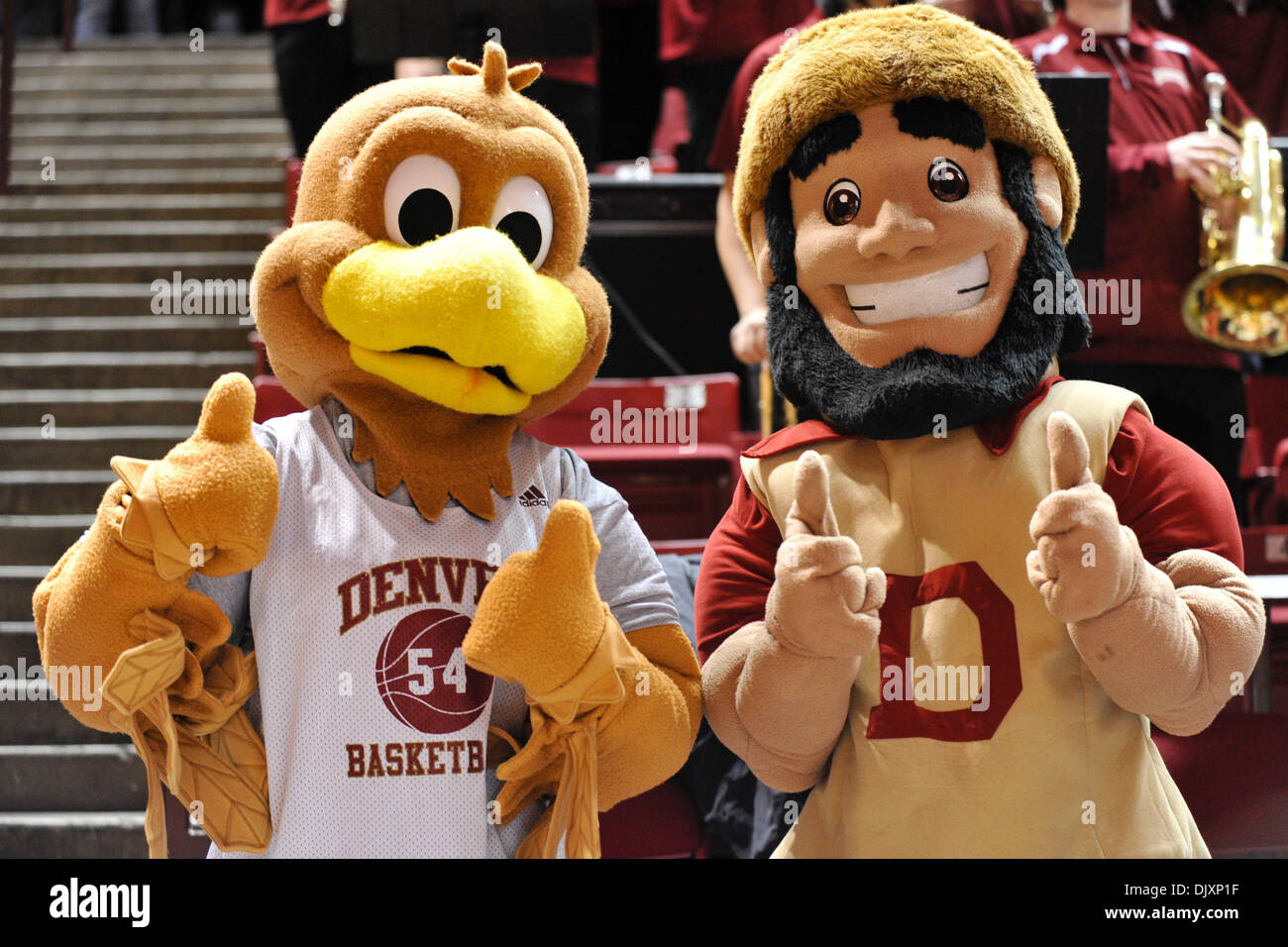 Nov. 11, 2010 - Denver, Colorado, United States of America - University of Denver's two mascots, Ruckus, the school's official mascot (left), and Denver Boone, Denver's unofficial mascot. The University of Denver held a press conference in Magness Arena to announce that the school will be joining the WAC on July 1, 2012. (Credit Image: © Andrew Fielding/Southcreek Global/ZUMApress. Stock Photo