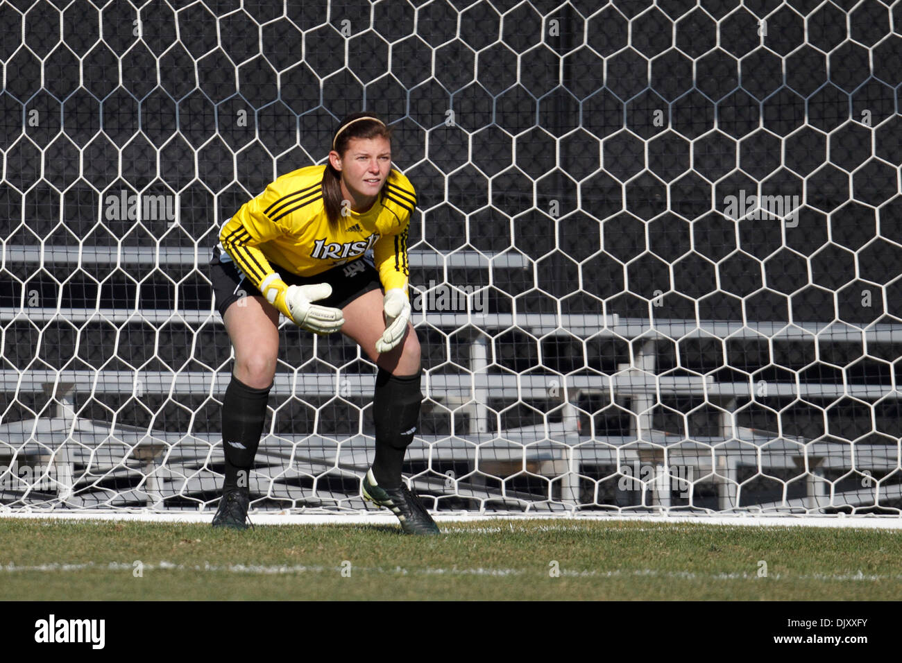 Nov. 14, 2010 - South Bend, Indiana, United States of America - Notre Dame goalkeeper Nikki Weiss (#1) sets for penalty kick during NCAA Second Round women's soccer match between USC and Notre Dame.  The Notre Dame Fighting Irish defeated the USC Trojans 4-0 in game at Alumni Stadium in South Bend, Indiana. (Credit Image: © John Mersits/Southcreek Global/ZUMApress.com) Stock Photo