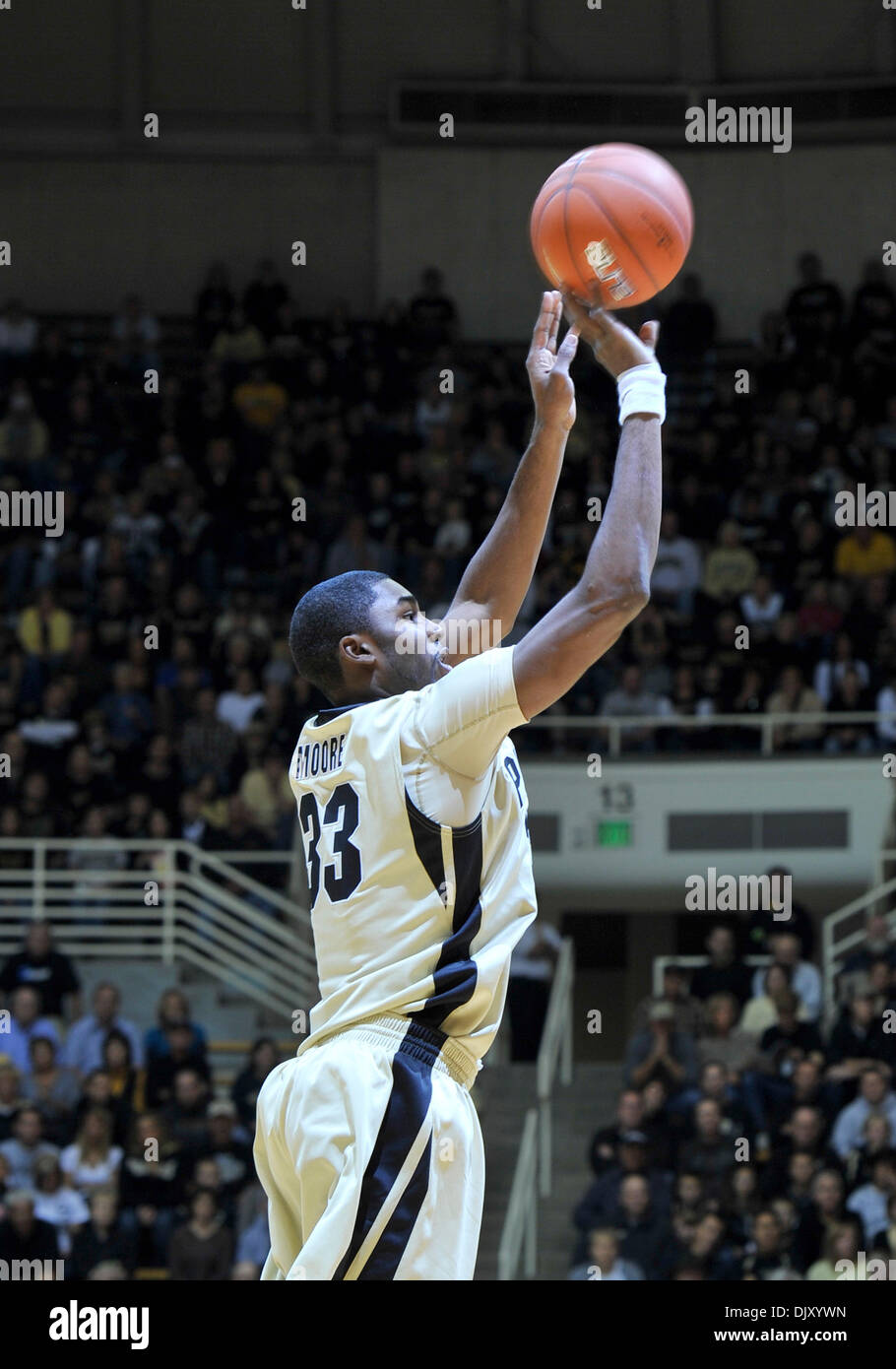 Nov. 14, 2010 - West Lafayette, Indiana, United States of America - Purdue's Sr. G  E'Twaun Moore (33) launches a shot in the first half in the game between Purdue and Howard in Mackey Arena. (Credit Image: © Sandra Dukes/Southcreek Global/ZUMApress.com) Stock Photo