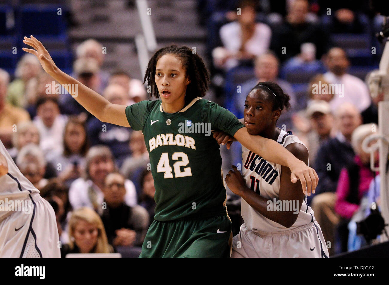 Nov. 16, 2010 - Hartford, Connecticut, United States of America - Baylor P Brittney Griner (42) is defended by Connecticut F Samarie Walker (11) in the paint. At the half #1 Connecticut leads #2 Baylor 35 - 27 in the State Farm Tip-Off Classic at XL Center. (Credit Image: © Geoff Bolte/Southcreek Global/ZUMApress.com) Stock Photo