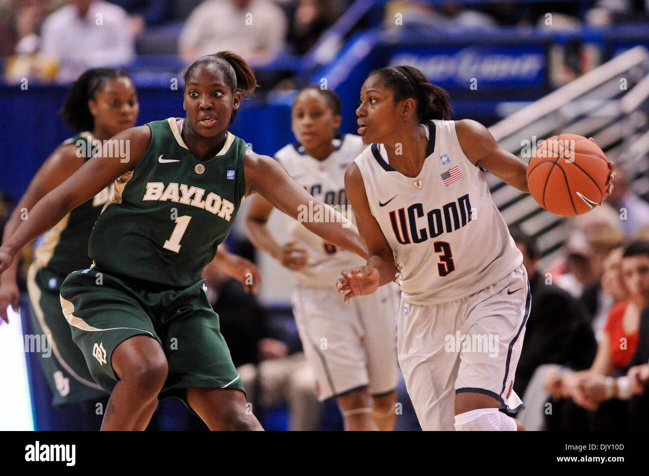 Nov. 16, 2010 - Hartford, Connecticut, United States of America - Connecticut G Tiffany Hayes (3) drives to the paint while Baylor G Kimetria Hayden (1) defends. #1 Connecticut leads #2 Baylor 46 - 39 during the second half in the State Farm Tip-Off Classic at XL Center. (Credit Image: © Geoff Bolte/Southcreek Global/ZUMApress.com) Stock Photo