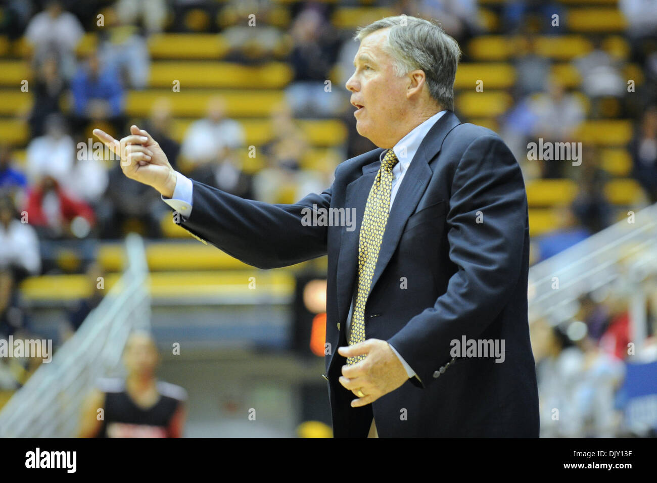 Nov. 16, 2010 - Berkeley, California, United States of America - Cal head coach Mike Montgomery directs his players during the NCAA game between the California Golden Bears and the Cal State Northridge Matadors at Haas Pavilion.  California pulled away in the second half and won 80-63. (Credit Image: © Matt Cohen/Southcreek Global/ZUMApress.com) Stock Photo