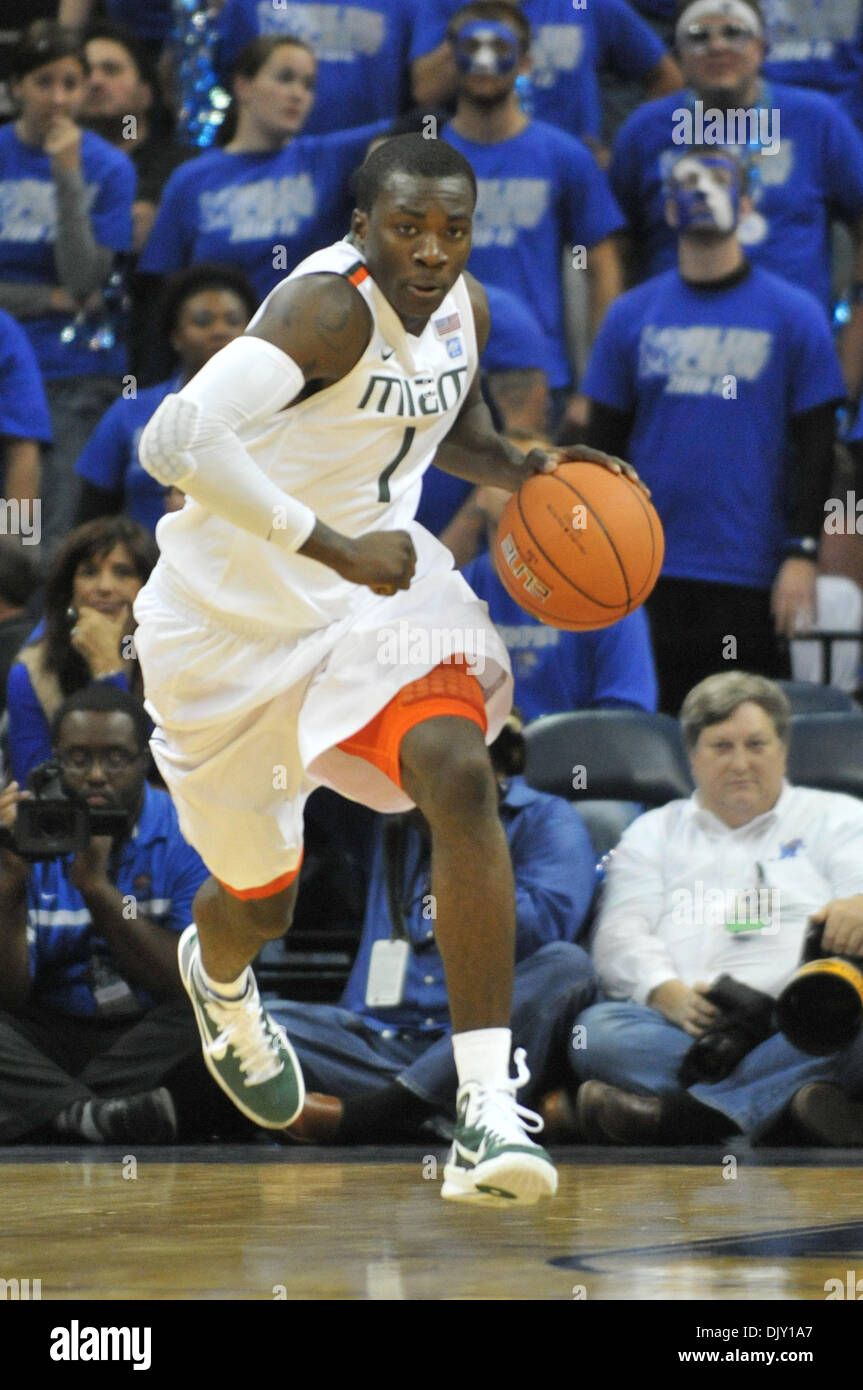 Nov. 16, 2010 - Memphis, Tennessee, United States of America - Miami (Fl) Hurricanes guard Durand Scott (1) moves up the floor.  Final the Memphis Tigers defeat the Miami Hurricanes 72 - 68 at the FedExForum in Memphis, Tennessee. (Credit Image: © Danny Reise/Southcreek Global/ZUMApress.com) Stock Photo