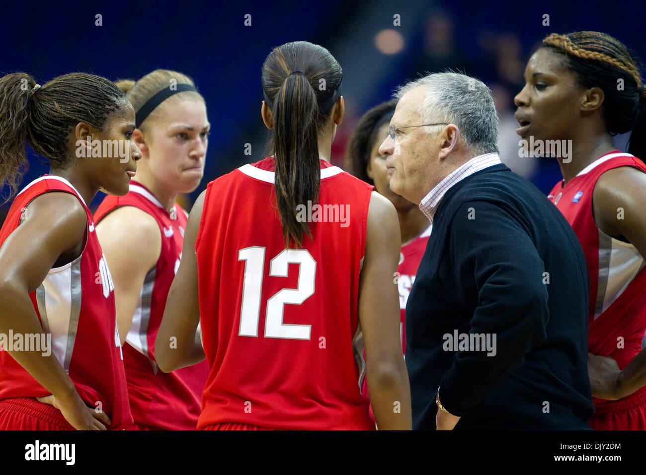 Nov. 17, 2010 - Baton Rouge, Louisiana, United States of America - 16 November 2010; Ohio State Buckeyes at LSU Tigers, Ohio St. head coach Jim Foster talks with his team during a timeout; Baton Rouge Louisiana (Credit Image: © John Korduner/Southcreek Global/ZUMAPRESS.com) Stock Photo