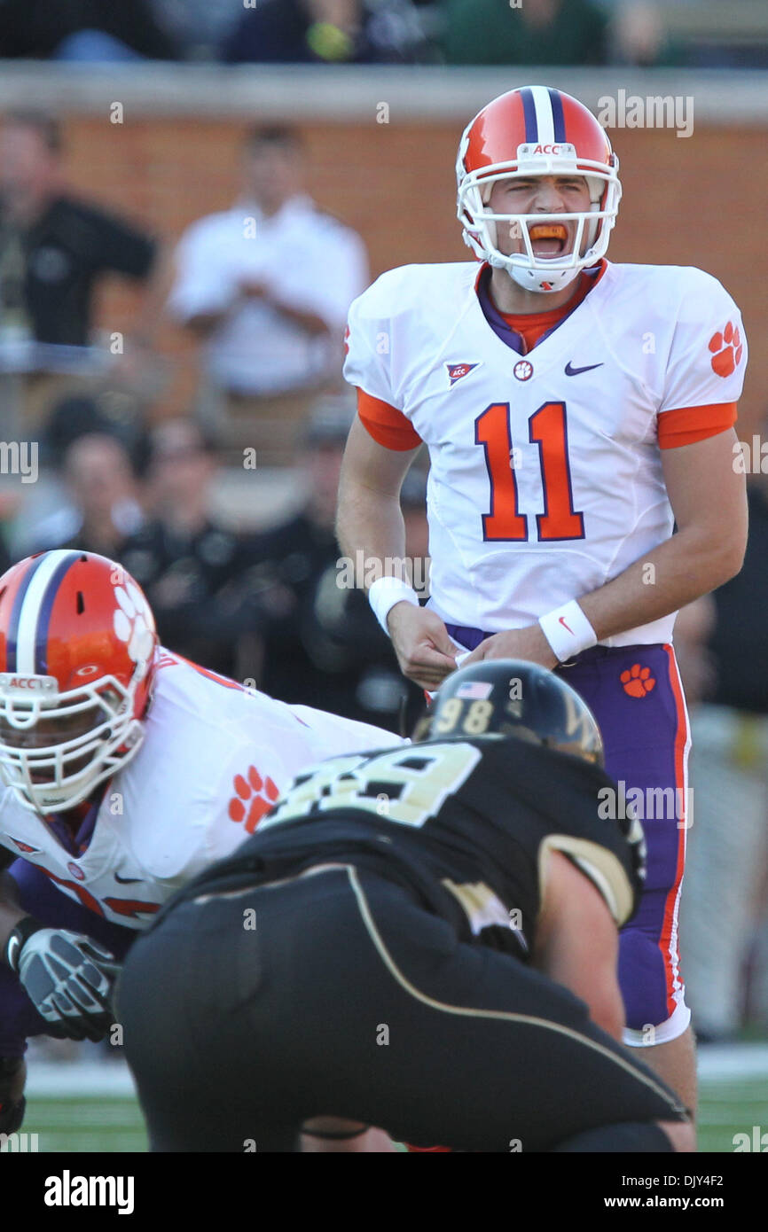 Nov. 20, 2010 - Winston-Salem, North Carolina, United States of America - Clemson Tigers quarterback Kyle Parker (11) shouts out the signals against Wake.Clemson leads at halftime 13-0. (Credit Image: © Jim Dedmon/Southcreek Global/ZUMAPRESS.com) Stock Photo