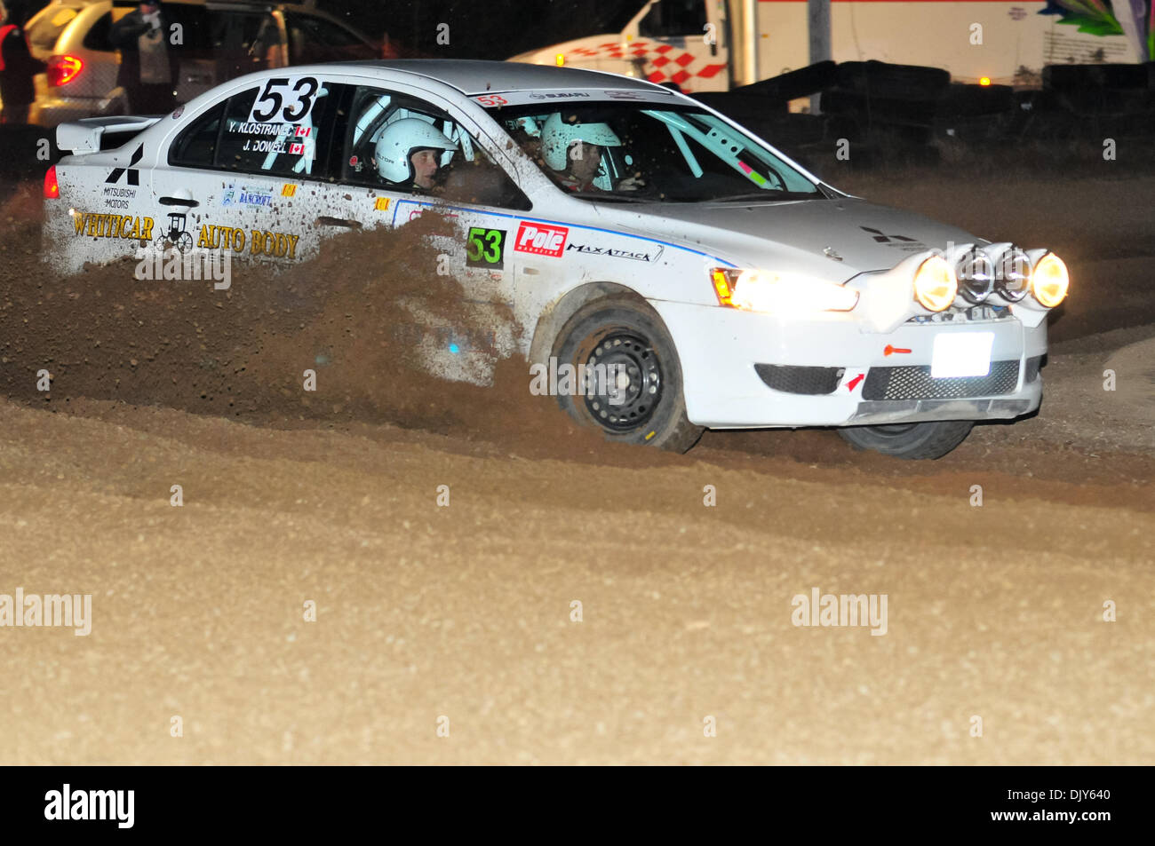 Nov. 20, 2010 - Bancroft, Ontario, Canada - Car #53 in a tight corner at the Golton Super Special stage of the Rally of the Tall Pines. Driver Jeffrey Dowell and Co-Driver Yavor Klostranec would finish 17th overall and first in the Production Sport class. (Credit Image: © Keith Hamilton/Southcreek Global/ZUMAPRESS.com) Stock Photo