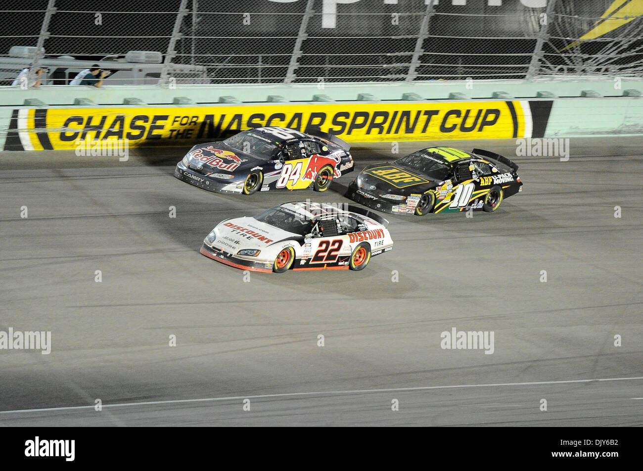 Nov. 20, 2010 - Miami, Florida, United States of America -  #22 Brad Keselowski leads #10 Jason Leffler and #84 Cole Whitt late in the race during the Nascar Nationwide Series Ford 300 at   Homestead-Miami Speedway in Miami, the race was won by #18 Kyle Busch, and the Nationwide season championship was won by #22 Brad Keselowski (Credit Image: © Brad Barr/Southcreek Global/ZUMAPRES Stock Photo