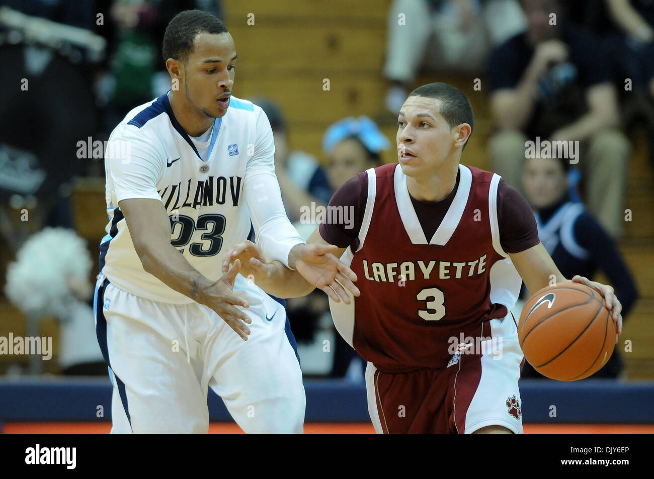 Nov. 20, 2010 - Villanova, Pennsylvania, United States of America - Lafayette Leopards guard Tony Johnson #3 with the ball being covered by Villanova Wildcats guard Dominic Cheek #23. Villanova defeated Lafayette 86-41, in a game being played at The Pavillion  in Villanova, Pennsylvania (Credit Image: © Mike McAtee/Southcreek Global/ZUMAPRESS.com) Stock Photo
