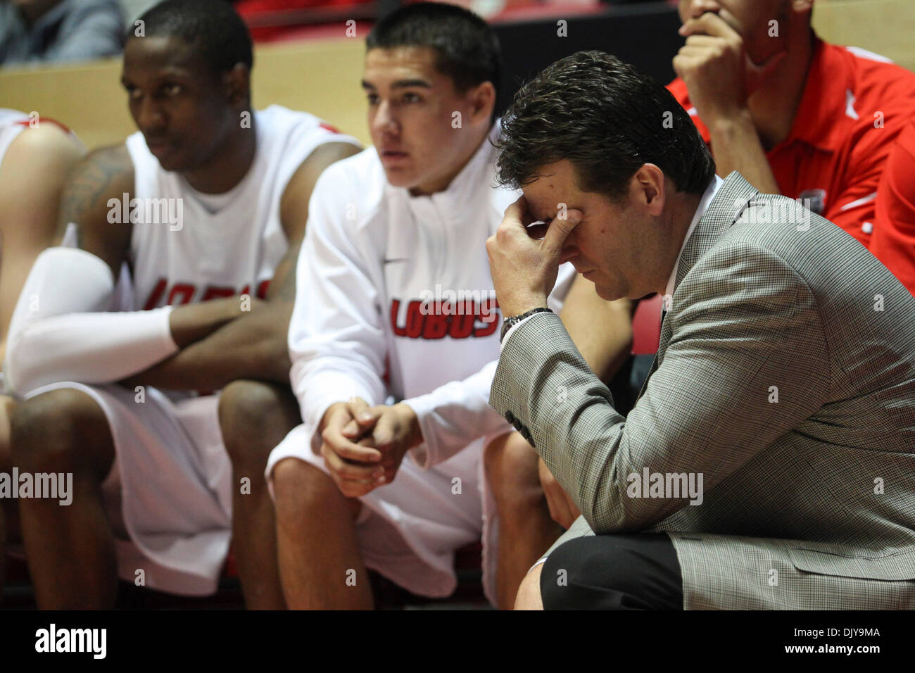 Nov. 24, 2010 - Albuquerque, New Mexico, United States of America - University of New Mexico head Coach Steve Alford covers his eyes in frustration. The Lobos didnÃ•t let off the gas defeating Northwood University 56-78 at The Pit in Albuquerque, New Mexico. (Credit Image: © Long Nuygen/Southcreek Global/ZUMAPRESS.com) Stock Photo