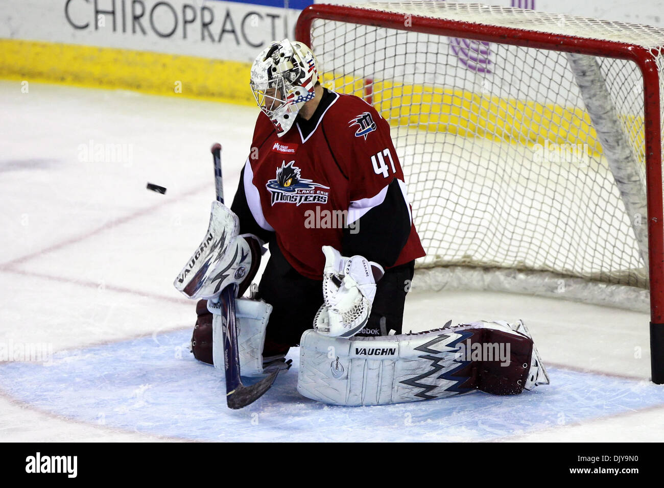 Nov. 24, 2010 - Rockford, Illinois, United States of America - Lake Erie goaltender John Grahame (47) blocks a shot during AHL pregame warmup against the Rockford IceHogs at the MetroCentre in Rockford, Illinois. (Credit Image: © Chris Anderson/Southcreek Global/ZUMAPRESS.com) Stock Photo