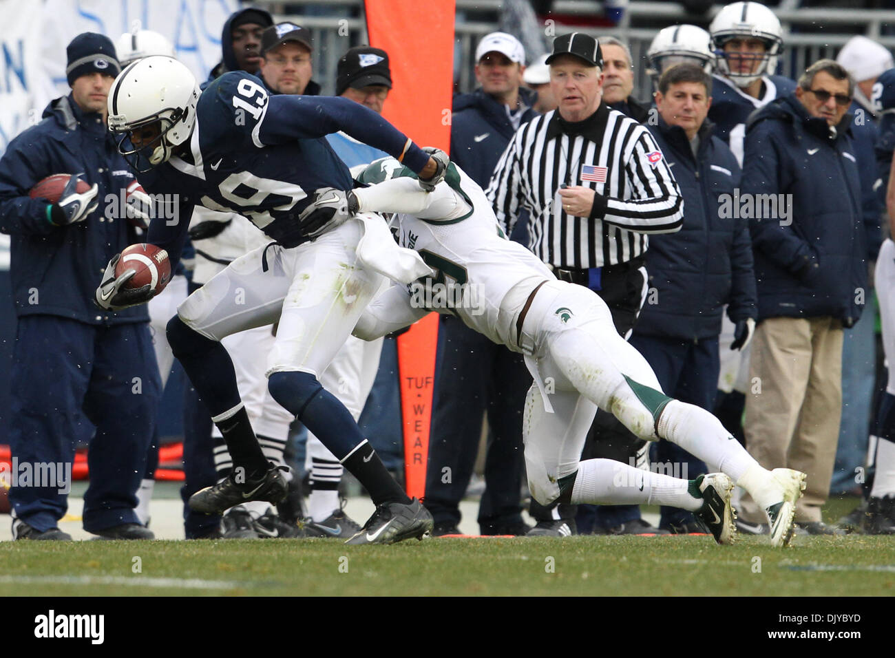 Nov. 27, 2010 - University Park, Pennsylvania, United States of America - Penn State Nittany Lions wide receiver Justin Brown (19) and Michigan State Spartans safety Trenton Robinson (39) during game action at Beaver Stadium in University Park, Pennsylvania. (Credit Image: © Alex Cena/Southcreek Global/ZUMAPRESS.com) Stock Photo