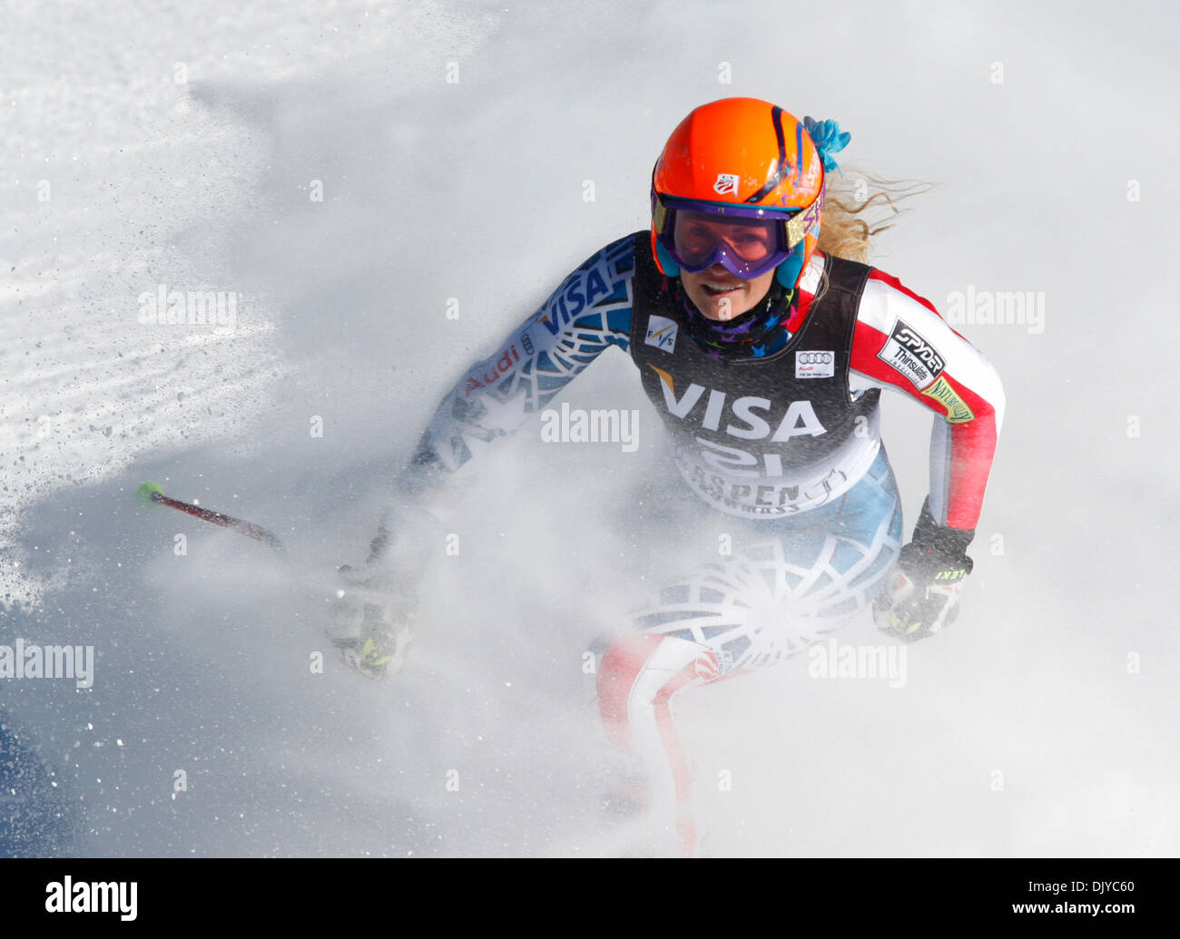 Nov. 27, 2010 - Aspen, Colorado, U.S. - SARAH SCHLEPER of the USA after hersecond run of the Audi FIS Alpine World Cup Women's Giant Slalom ski race at Aspen Mountain Resort. (Credit Image: © ZUMA Ralph Lauer/ZUMAPRESS.com) Stock Photo