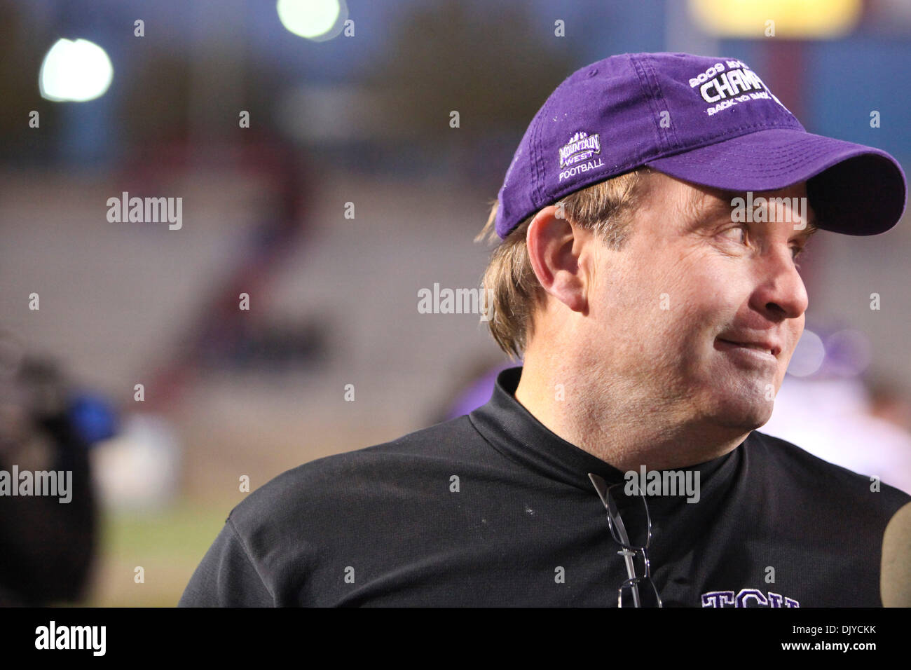 Nov. 27, 2010 - Albuquerque, New Mexico, United States of America - Texas Christian University head coach Gary Patterson smiles after defeating the Lobos. The Mountain West Conference Champions TCU defeated the Lobos 66-17 at University Stadium in Albuquerque, New Mexico. (Credit Image: © Long Nuygen/Southcreek Global/ZUMAPRESS.com) Stock Photo