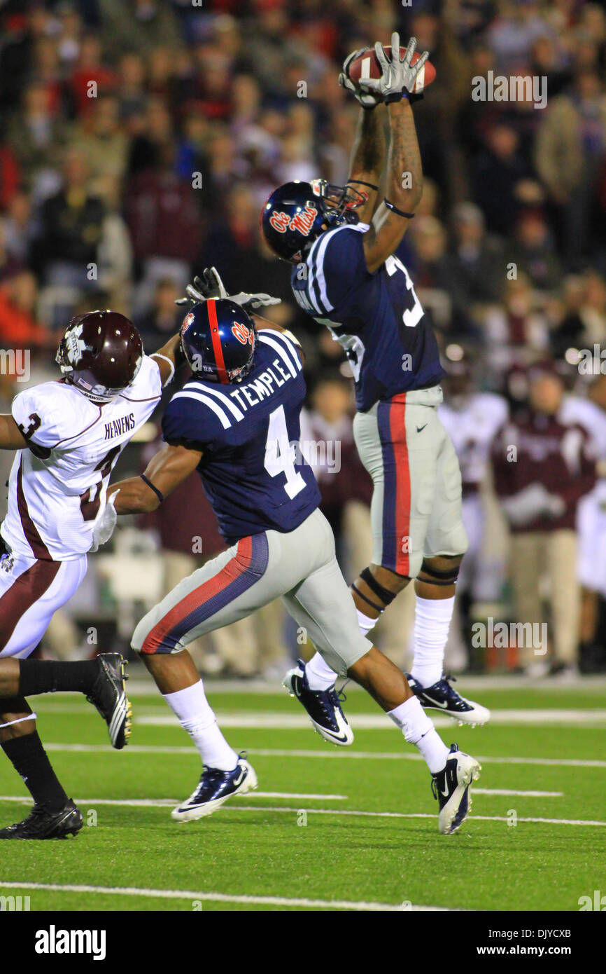 Nov. 27, 2010 - Oxford, Mississippi, United States of America - Ole Miss CB Fon Ingram (35) goes up high and intercepts a pass during Mississippi State's 31-23 victory over Ole Miss in Oxford, MS. (Credit Image: © Hays Collins/Southcreek Global/ZUMAPRESS.com) Stock Photo