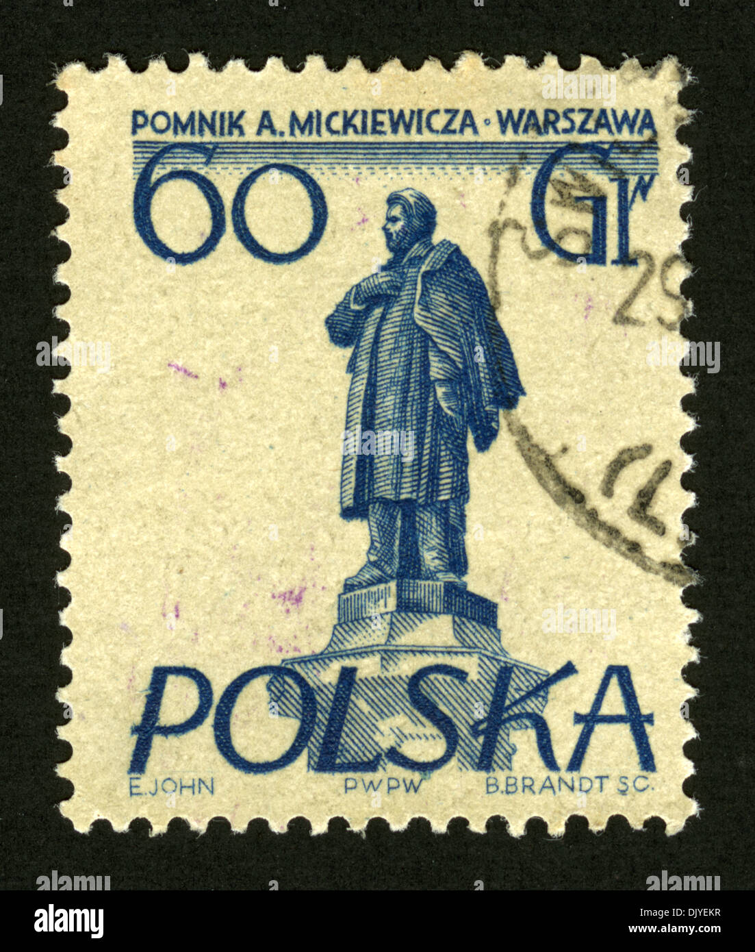 Poland, post mark, stamp, post stamp, Monument, Warsaw, Mickiewicz