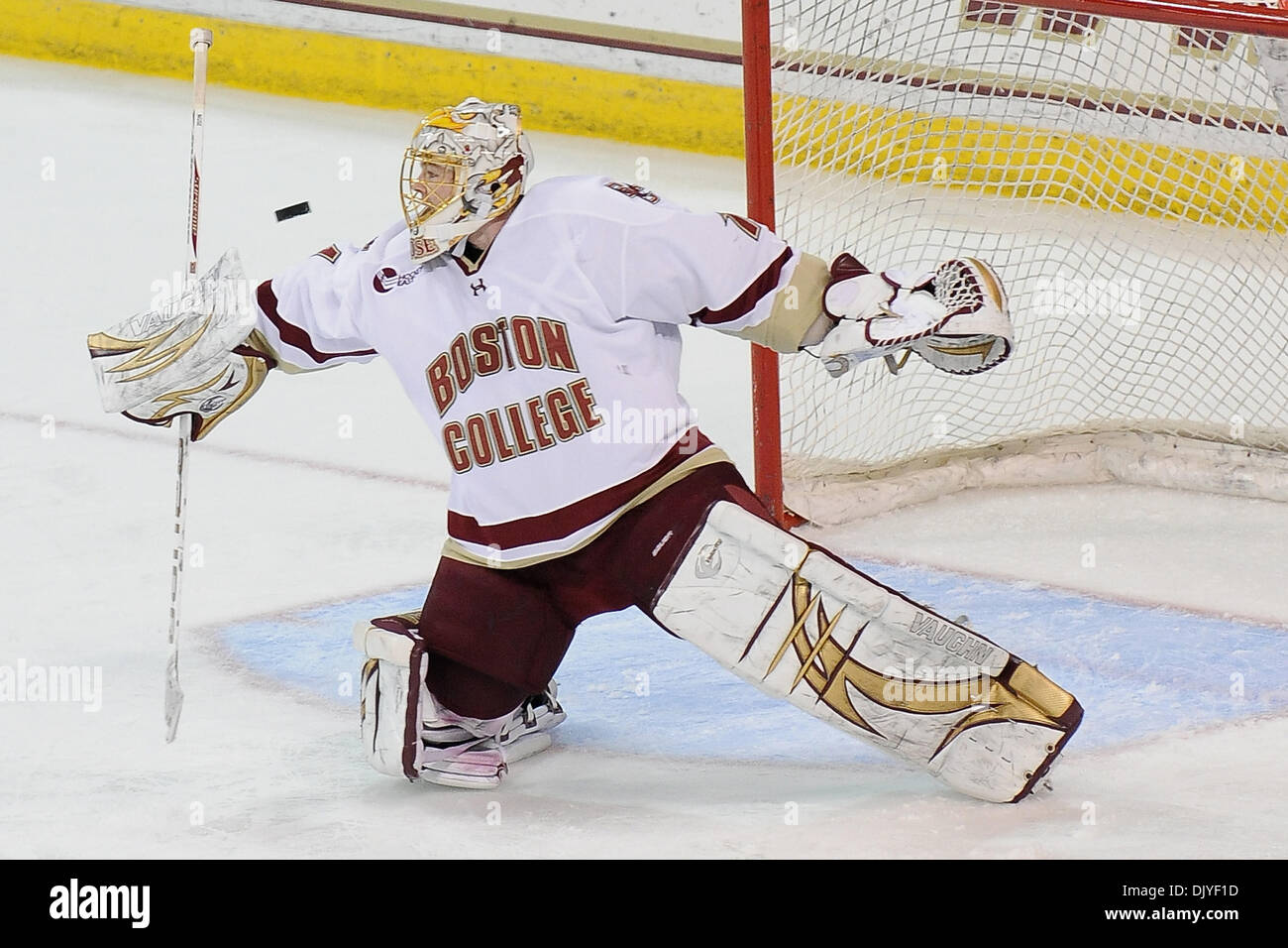 Nov. 28, 2010 - Chestnut Hill, Massachusetts, United States of America - BC Eagles went on a offensive tear in the second period and scored 4 more times as Vermont Catamounts' defense breaks down. Eagles Goaltender John Muse (#1) (Credit Image: © Jim Melito/Southcreek Global/ZUMAPRESS.com) Stock Photo