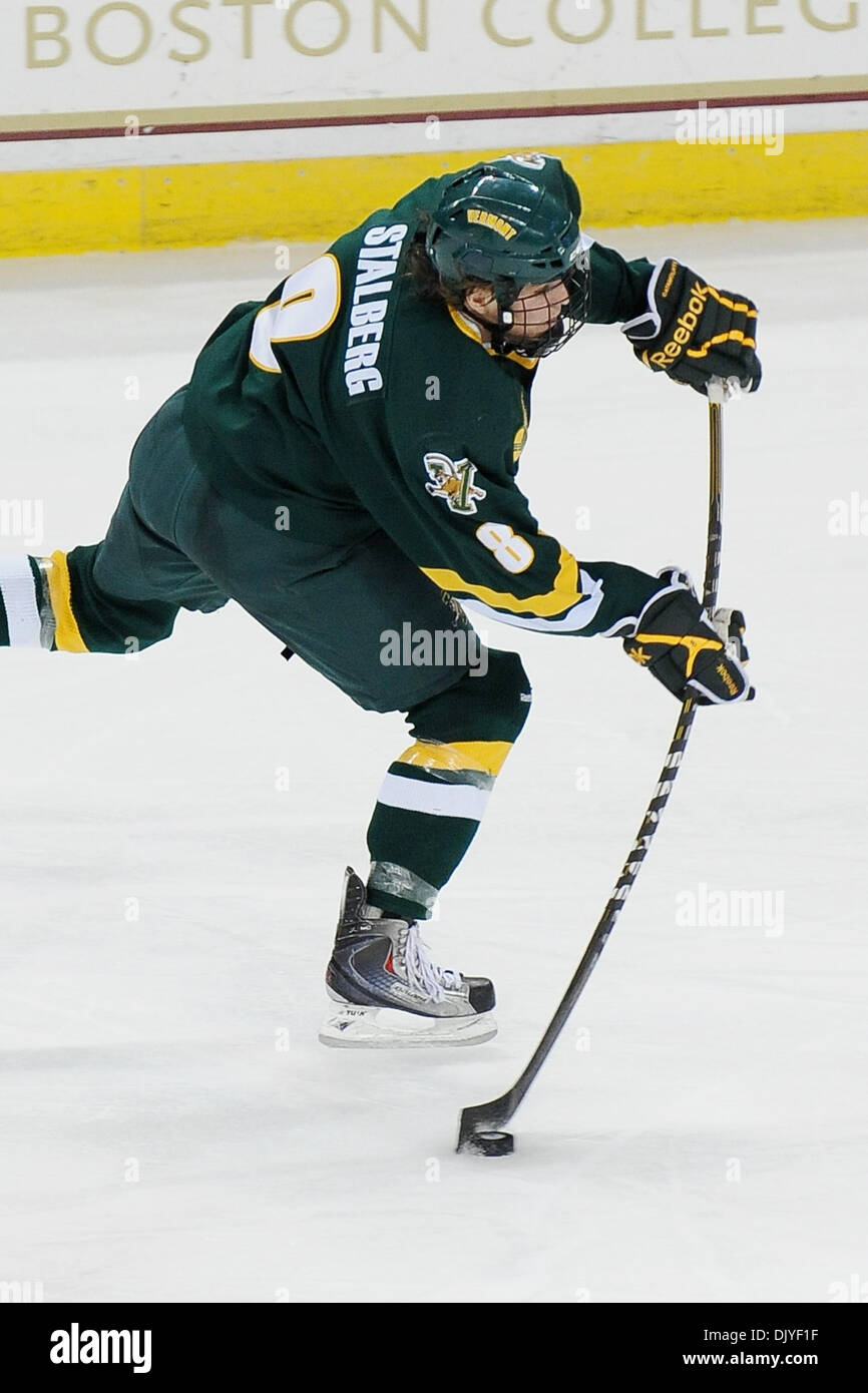 Nov. 28, 2010 - Chestnut Hill, Massachusetts, United States of America - BC Eagles went on a offensive tear in the second period and scored 4 more times as Vermont Catamounts' defense breaks down. Vermont Forward Sebastian Stalberg (#8) (Credit Image: © Jim Melito/Southcreek Global/ZUMAPRESS.com) Stock Photo