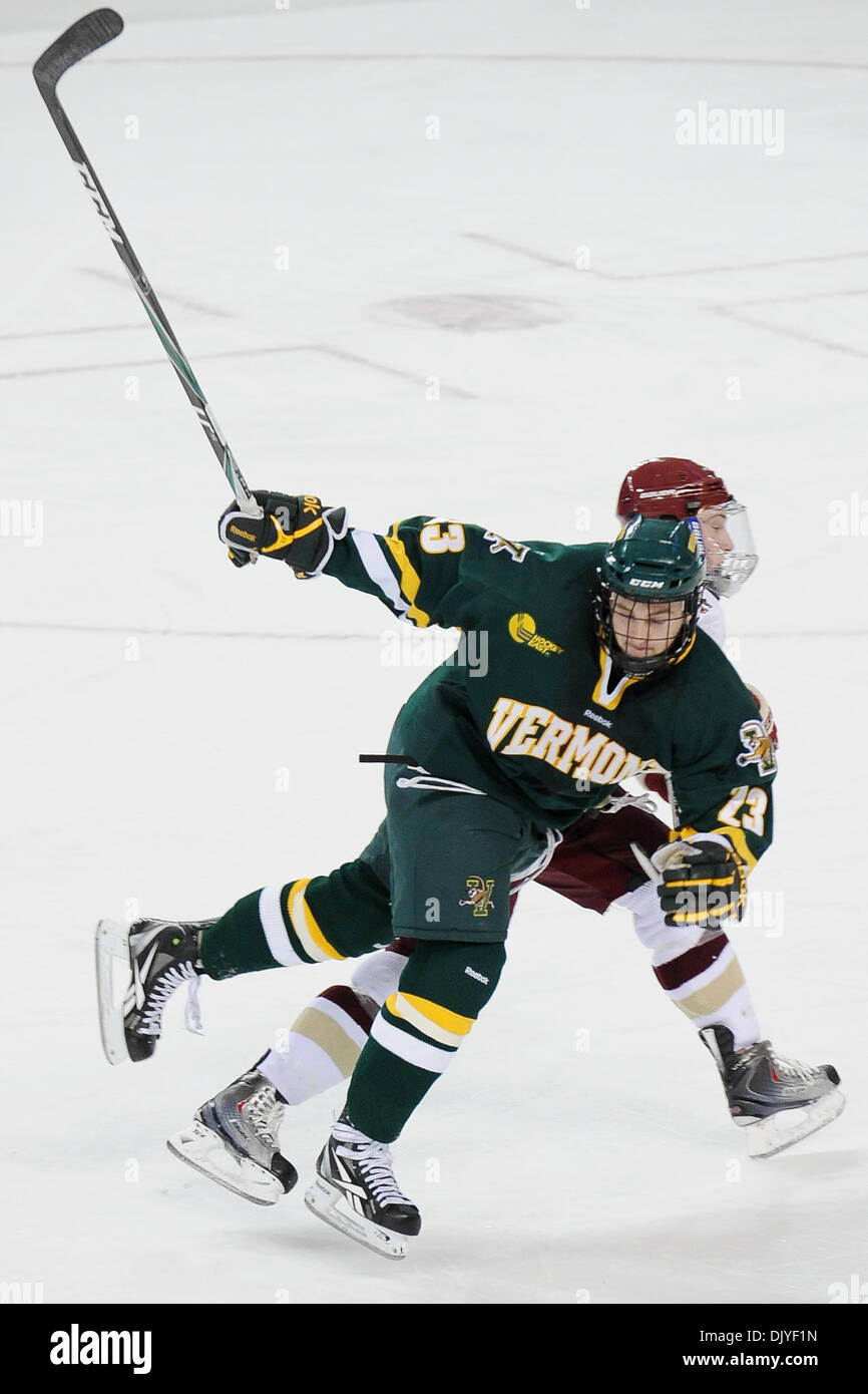 Nov. 28, 2010 - Chestnut Hill, Massachusetts, United States of America - BC Eagles went on a offensive tear in the second period and scored 4 more times as Vermont Catamounts' defense breaks down. Vermont Forward Connor Brickley (#23) (Credit Image: © Jim Melito/Southcreek Global/ZUMAPRESS.com) Stock Photo