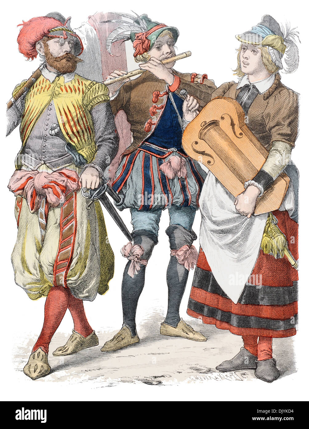 16th Century XVI 1500s German citizens of Nuremberg in holiday dress and a standard bearer Stock Photo