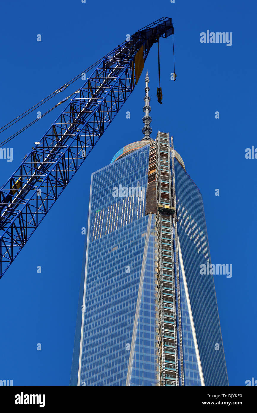 One World Trade Center ( 1 WTC ) building construction with crane, New York. America Stock Photo