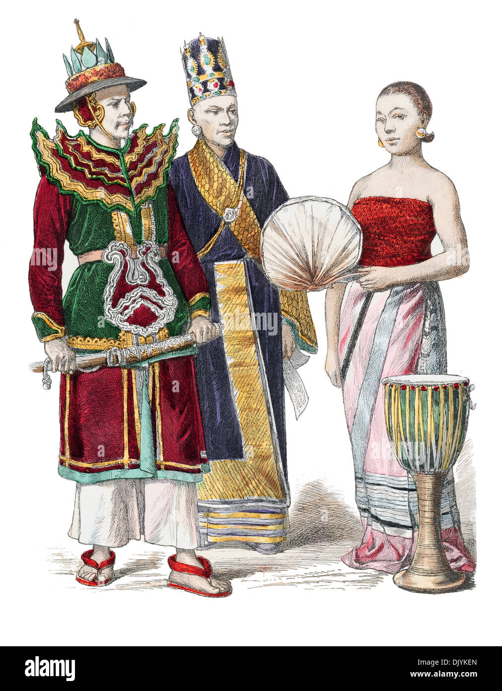 Late19th century XIX 1800s Burmese Officer and Minister and female Drummer from Mandalay Stock Photo