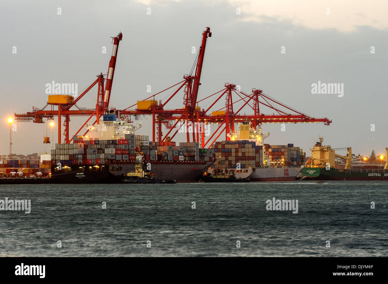 Container ships berthing at Fremantle port near Perth, Western Australia. Stock Photo