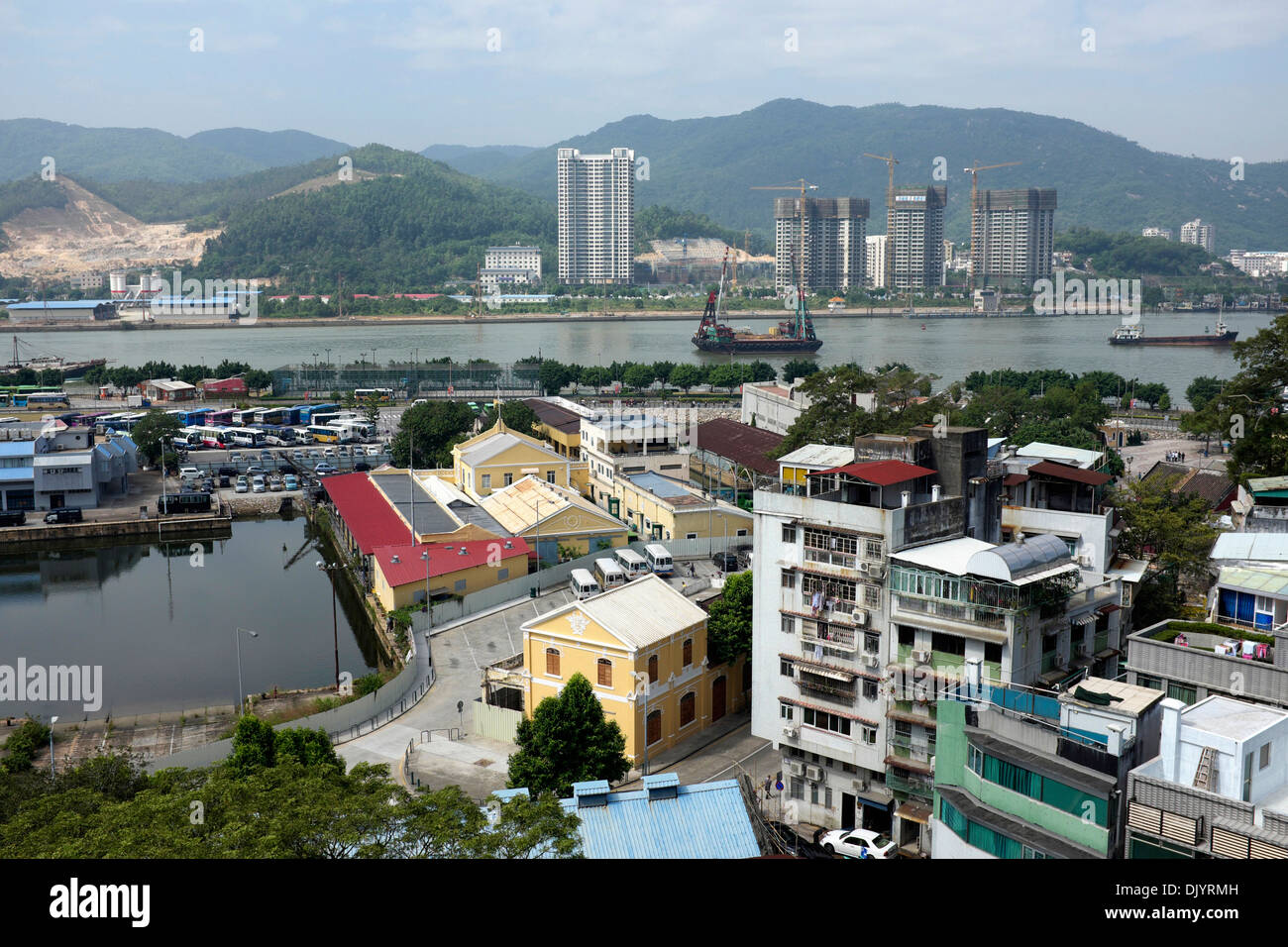 View from Penha Hill in Macau, China.  Mainland China is across the water Stock Photo