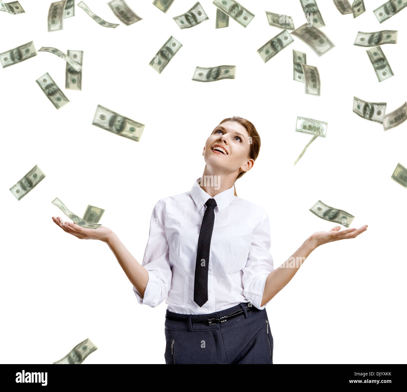 Girl catches the falling money Stock Photo