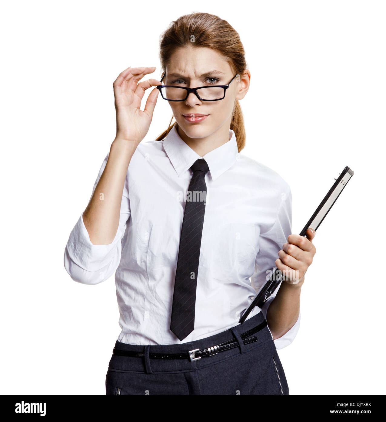 Surprised woman looking over glasses Stock Photo