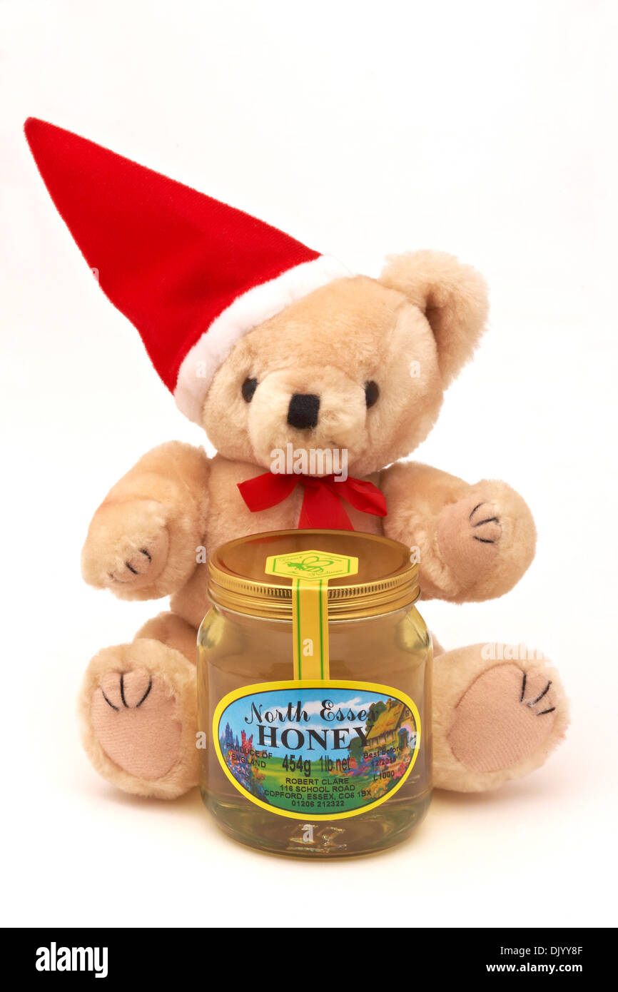 North Essex Honey Jar with Christmas Santa Teddy Bear Stock Photo